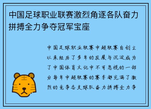中国足球职业联赛激烈角逐各队奋力拼搏全力争夺冠军宝座