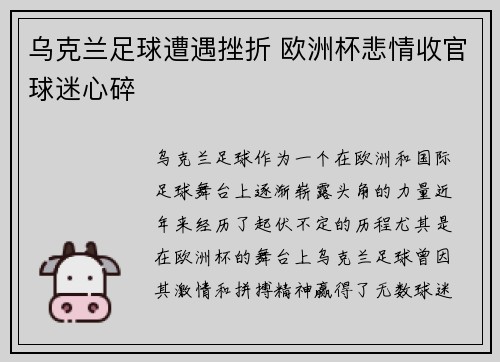 乌克兰足球遭遇挫折 欧洲杯悲情收官球迷心碎