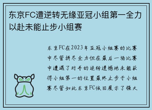 东京FC遭逆转无缘亚冠小组第一全力以赴未能止步小组赛